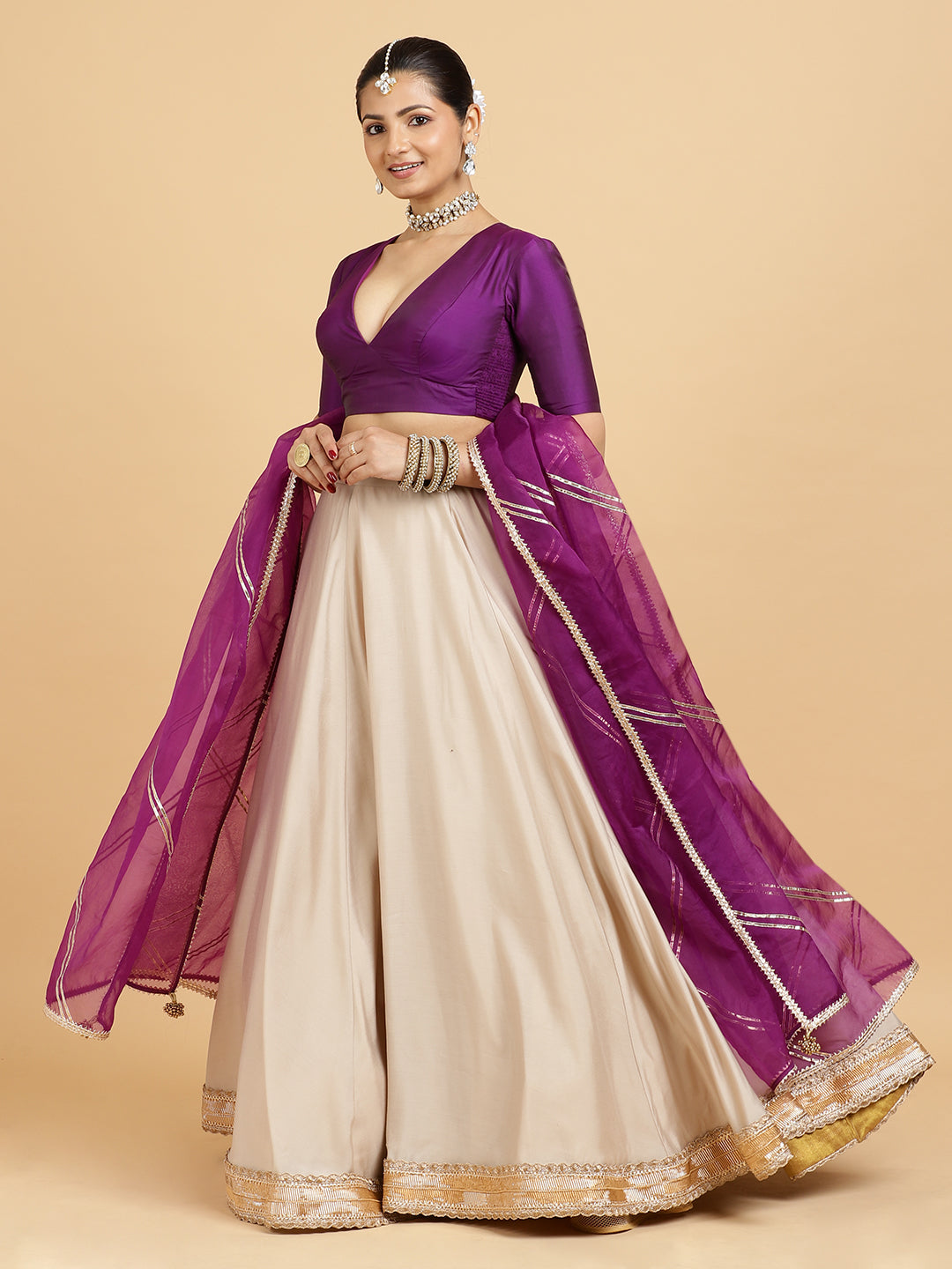Zainab Zeenat 4-Pc Lehenga Set x Tyohaar, in Beige, featuring elbow sleeves and v-neckline, made for party & festive (view 4).