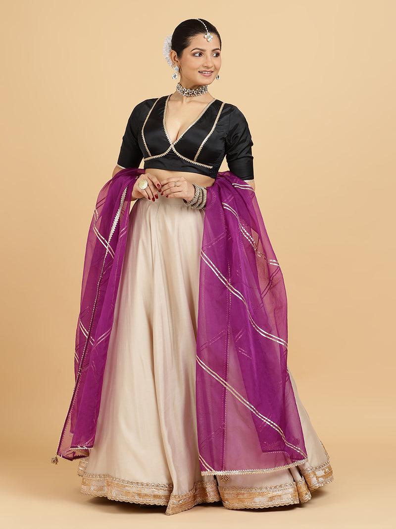Zainab Zeenat 4-Pc Lehenga Set x Tyohaar | Oyster Grey Lehenga, Charcoal Black Blouse with Falak Purple Dupatta and Cancan Skirt-Binks