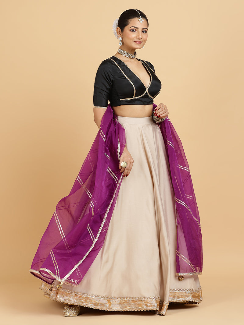 Zainab Zeenat 4-Pc Lehenga Set x Tyohaar | Oyster Grey Lehenga, Charcoal Black Blouse with Falak Purple Dupatta and Cancan Skirt-Binks