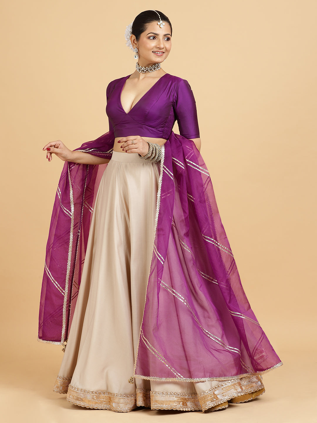 Zainab Zeenat 4-Pc Lehenga Set x Tyohaar, in Beige, featuring elbow sleeves and v-neckline, made for party & festive (view 6).