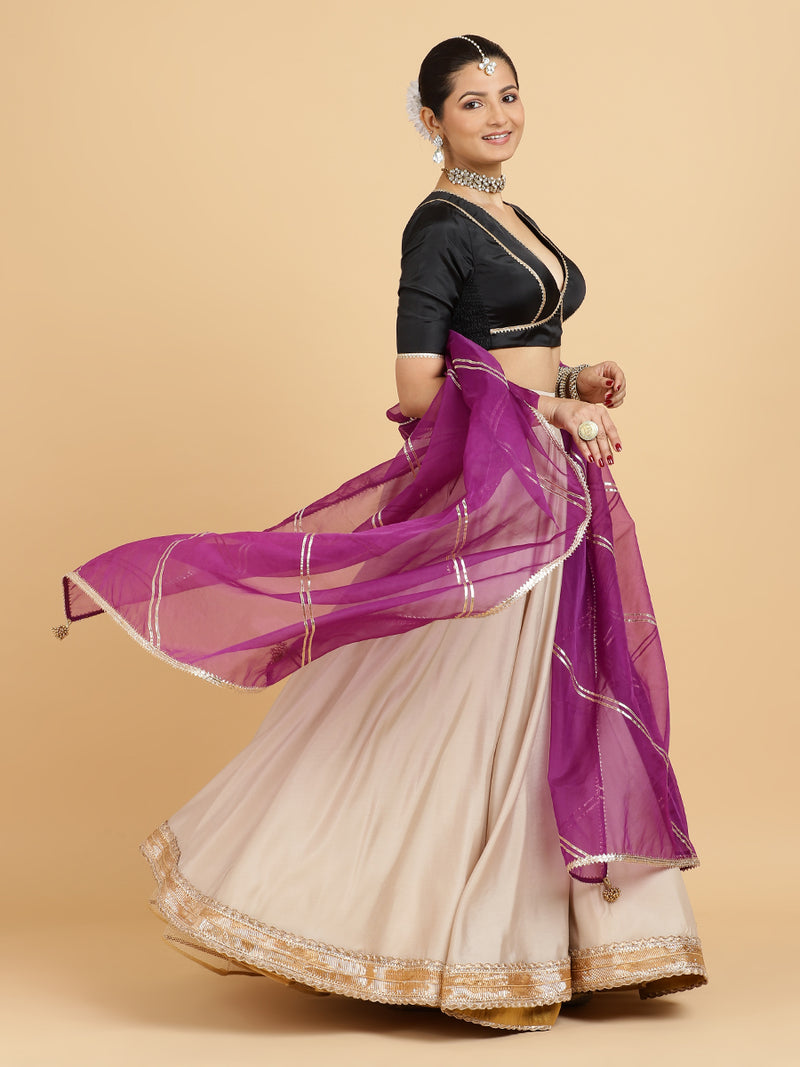 Zainab Zeenat 4-Pc Lehenga Set x Tyohaar | Oyster Grey Lehenga, Charcoal Black Blouse with Falak Purple Dupatta and Cancan Skirt-Binks