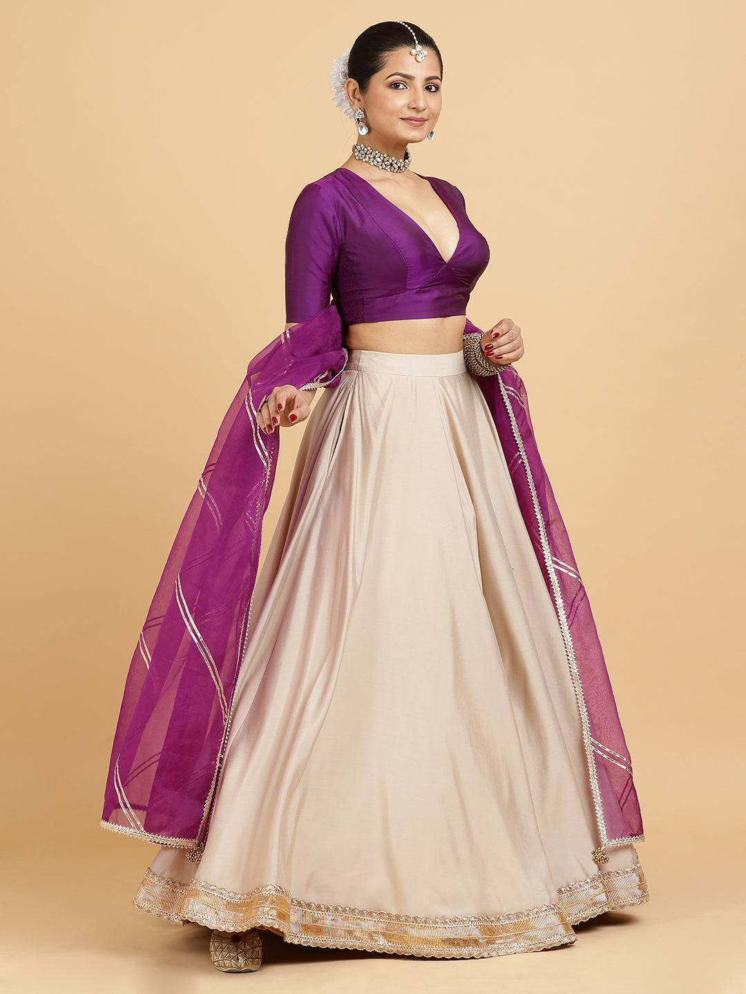 Zainab Zeenat 4-Pc Lehenga Set x Tyohaar, in Beige, featuring elbow sleeves and v-neckline, made for party & festive (view 7).