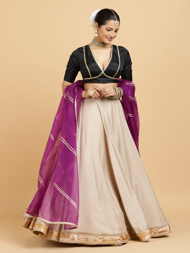 Zainab Zeenat 4-Pc Lehenga Set x Tyohaar | Oyster Grey Lehenga, Charcoal Black Blouse with Falak Purple Dupatta and Cancan Skirt-Binks