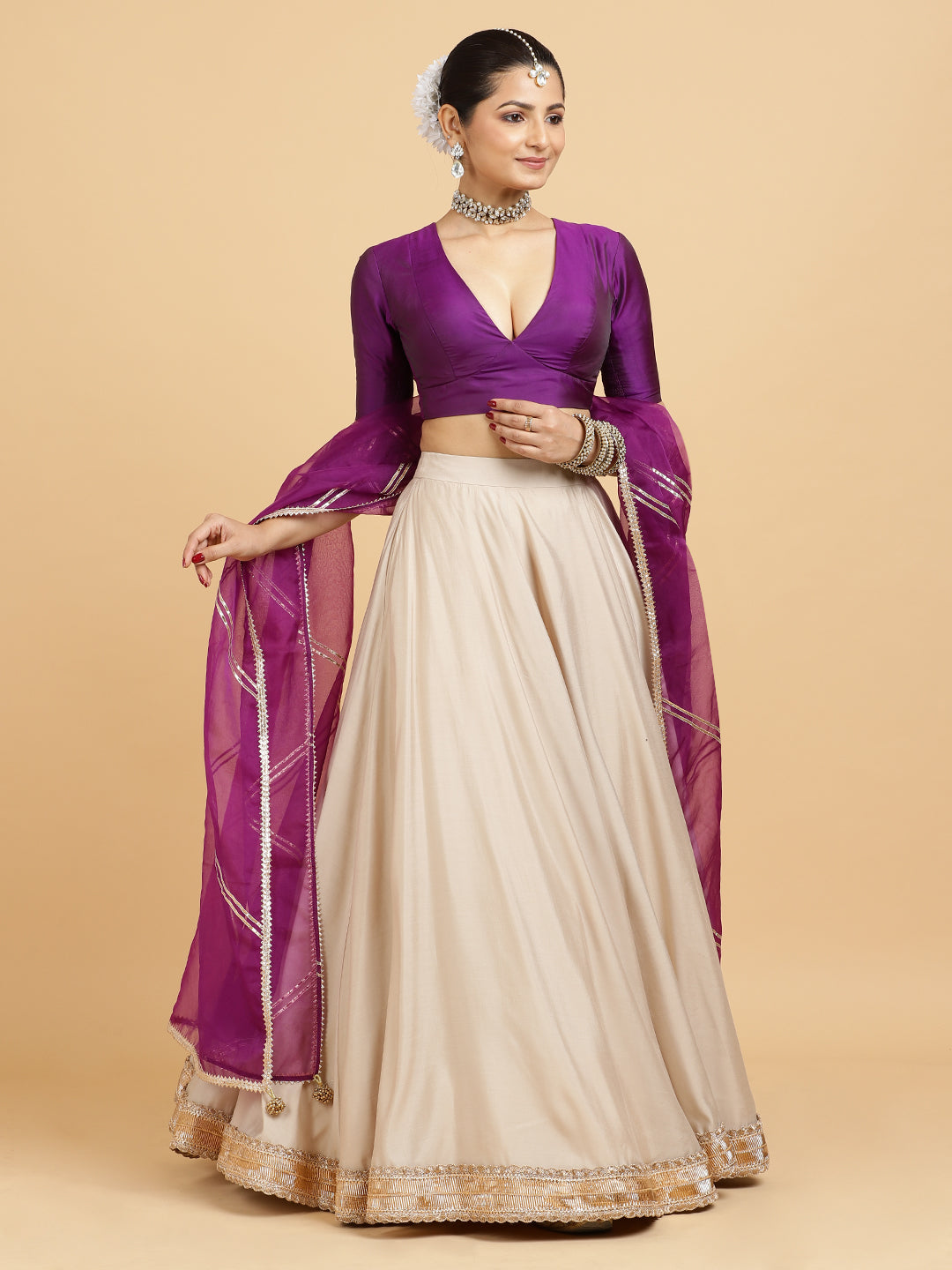 Zainab Zeenat 4-Pc Lehenga Set x Tyohaar, in Beige, featuring elbow sleeves and v-neckline, made for party & festive (view 8).