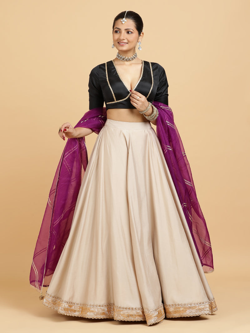 Zainab Zeenat 4-Pc Lehenga Set x Tyohaar | Oyster Grey Lehenga, Charcoal Black Blouse with Falak Purple Dupatta and Cancan Skirt-Binks