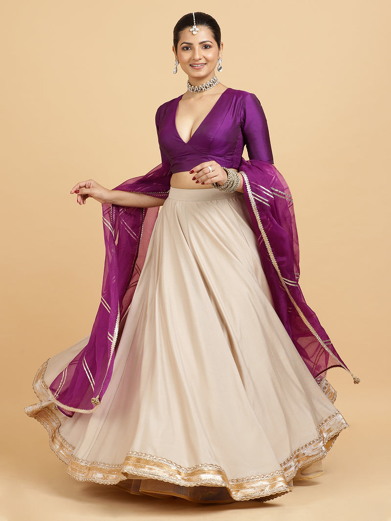 Zainab Zeenat 4-Pc Lehenga Set x Tyohaar | Oyster Grey Lehenga, Purple Blouse with Falak Purple Dupatta and Cancan Skirt-Binks