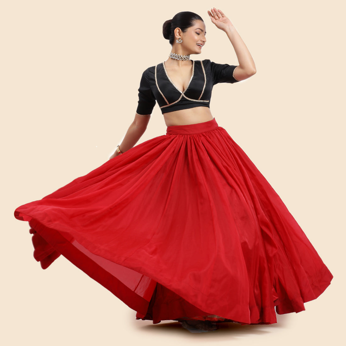 Bahaar x Tyohaar Lehenga Skirt, in Red Viscose Organza, made for party & festive (view 6).