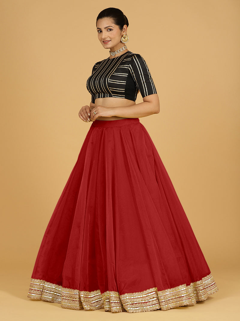 Farah x Tyohaar | Auburn Red Panelled Organza Lehenga Skirt-Binks