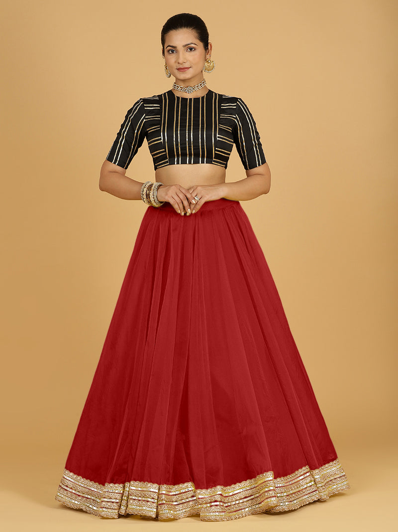 Farah x Tyohaar | Auburn Red Panelled Organza Lehenga Skirt-Binks