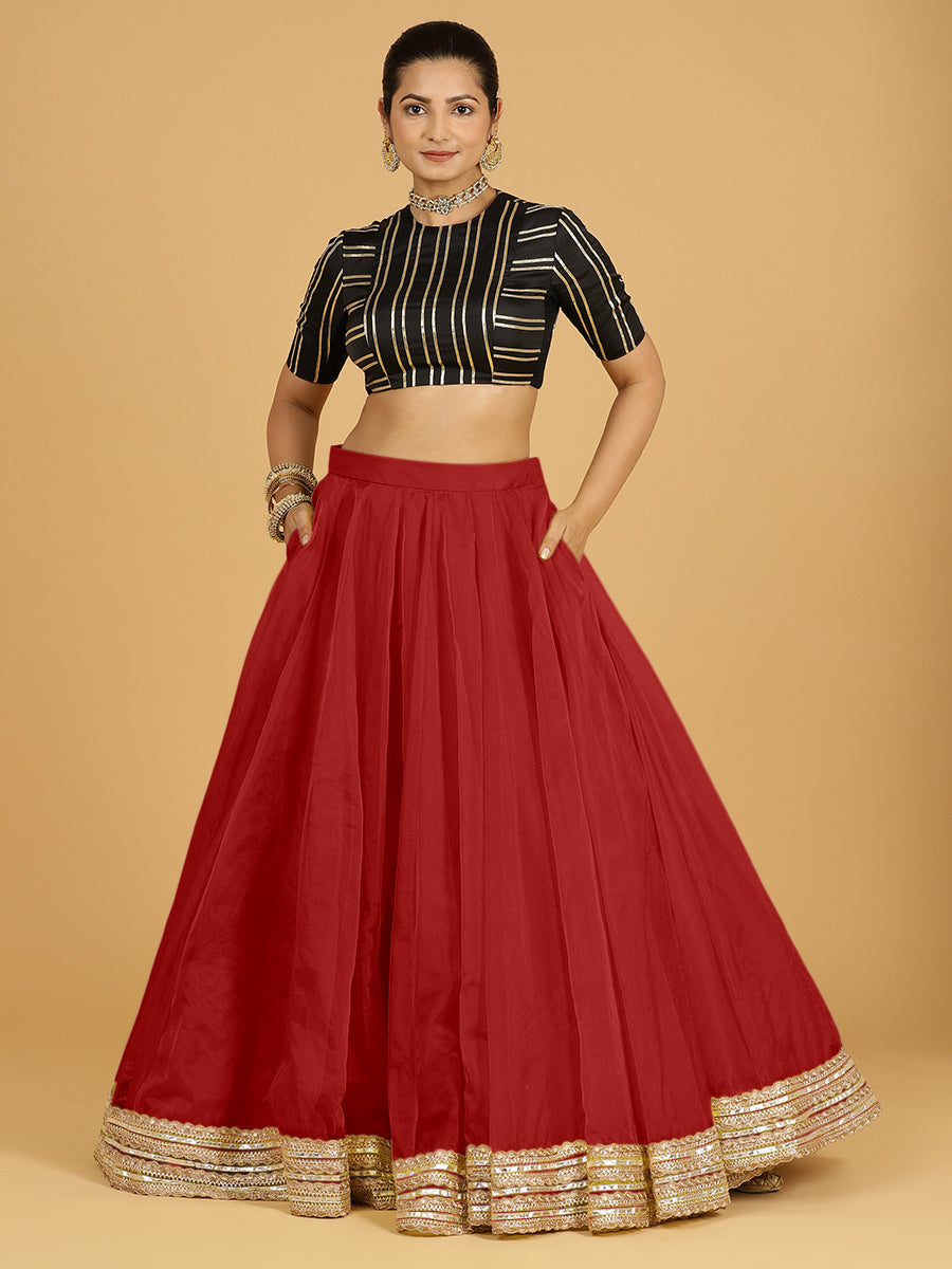 Farah x Tyohaar Lehenga Skirt, in Red Viscose Organza, made for party & festive (view 3).
