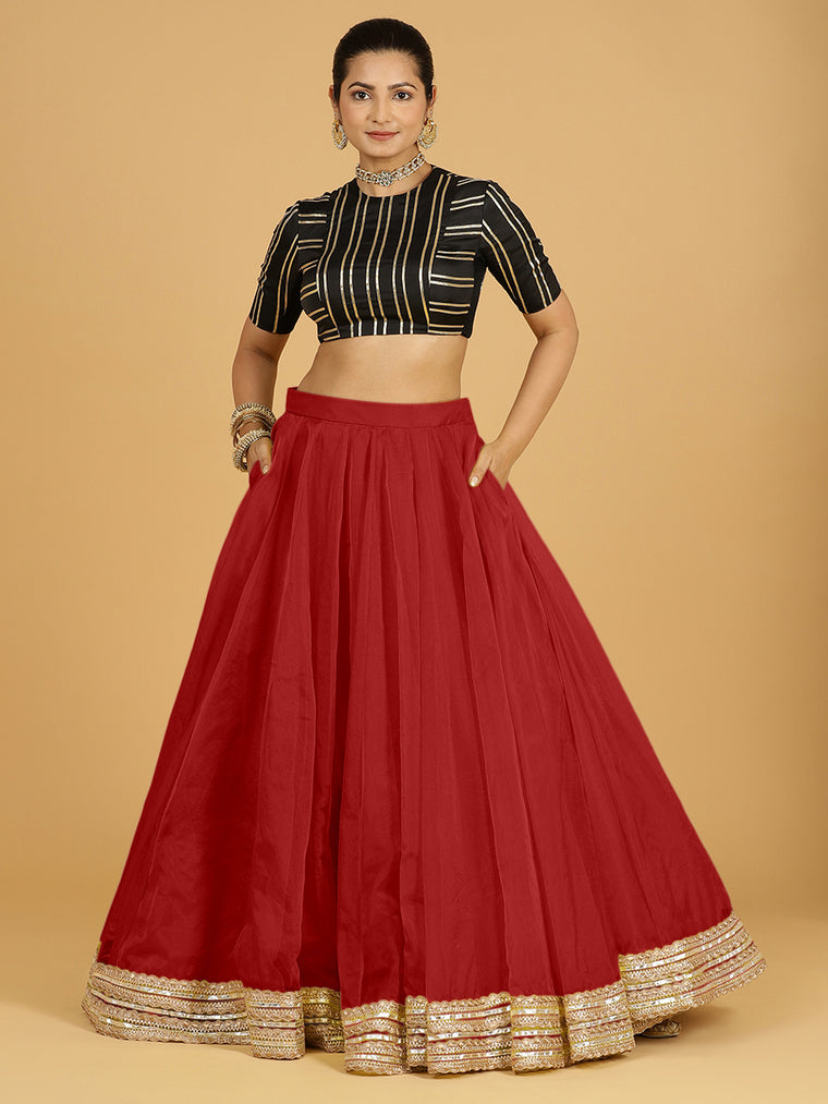 Farah x Tyohaar Lehenga Skirt, in Red Viscose Organza, made for party & festive (view 3).