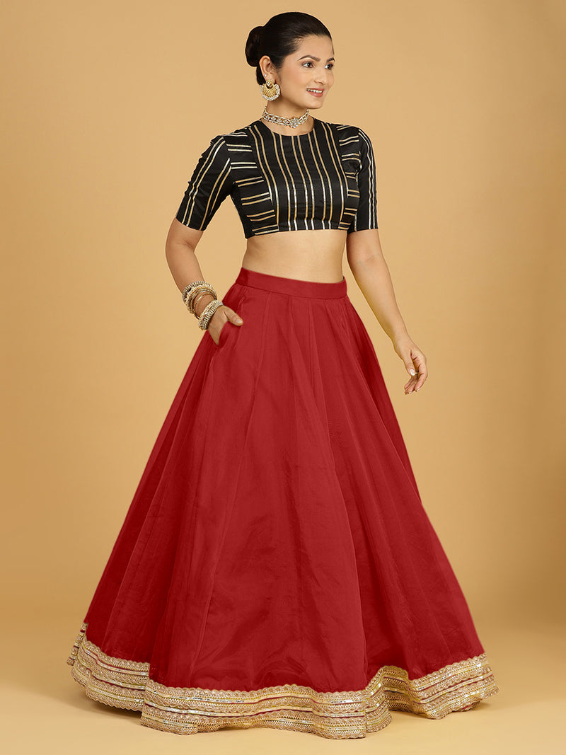 Farah x Tyohaar | Auburn Red Panelled Organza Lehenga Skirt-Binks