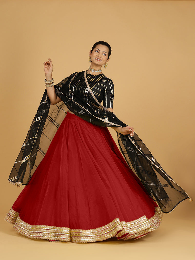 Farah x Tyohaar | Auburn Red Panelled Organza Lehenga Skirt-Binks