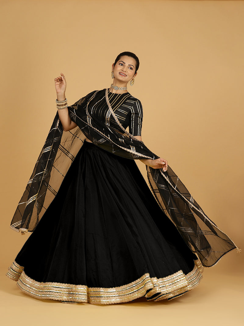 Farah x Tyohaar Lehenga Skirt, in Black Viscose Organza, made for party & festive (view 8).