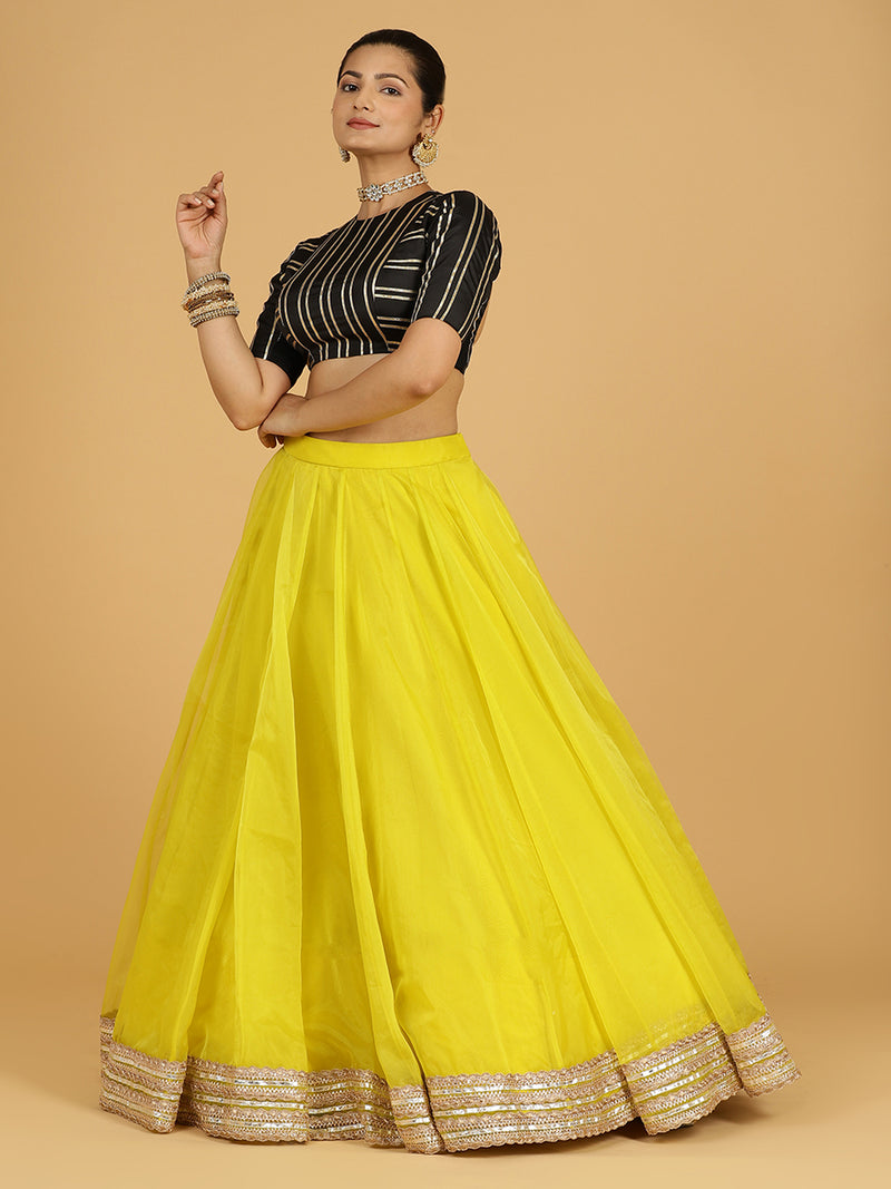 Farah x Tyohaar | Lemon Yellow Panelled Organza Lehenga Skirt-Binks