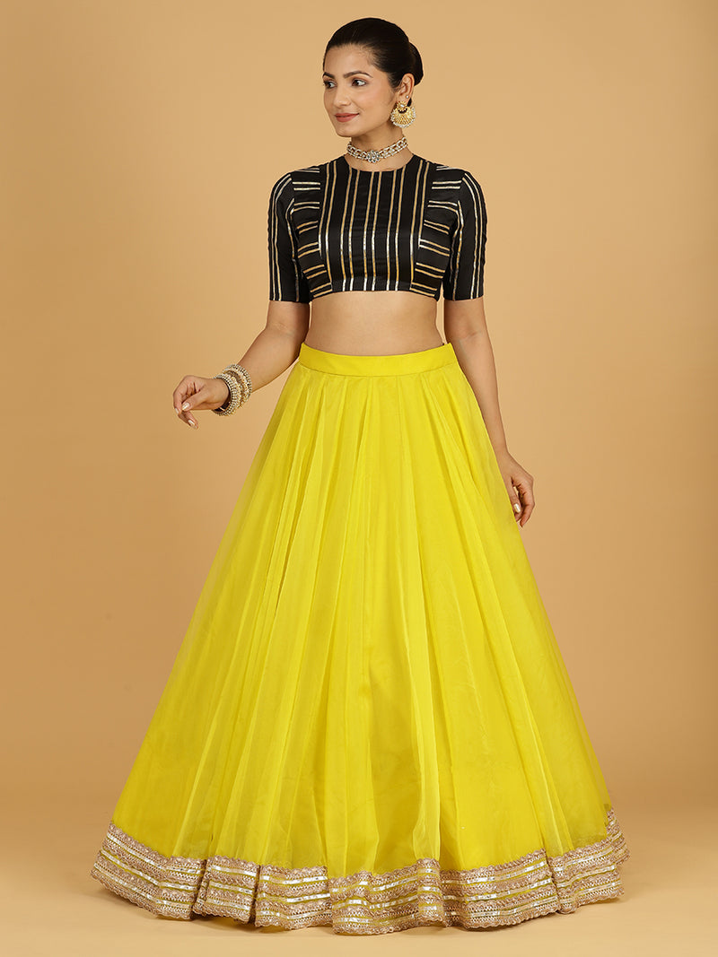 Farah x Tyohaar | Lemon Yellow Panelled Organza Lehenga Skirt-Binks