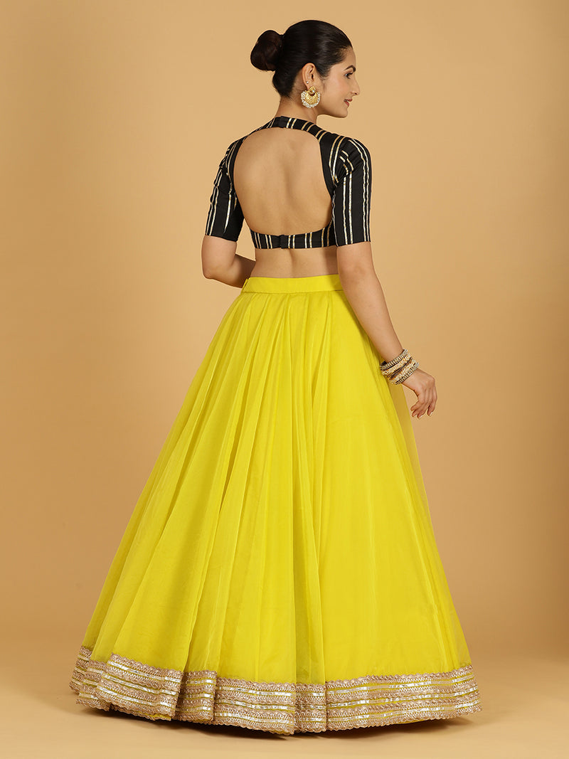 Farah x Tyohaar | Lemon Yellow Panelled Organza Lehenga Skirt-Binks
