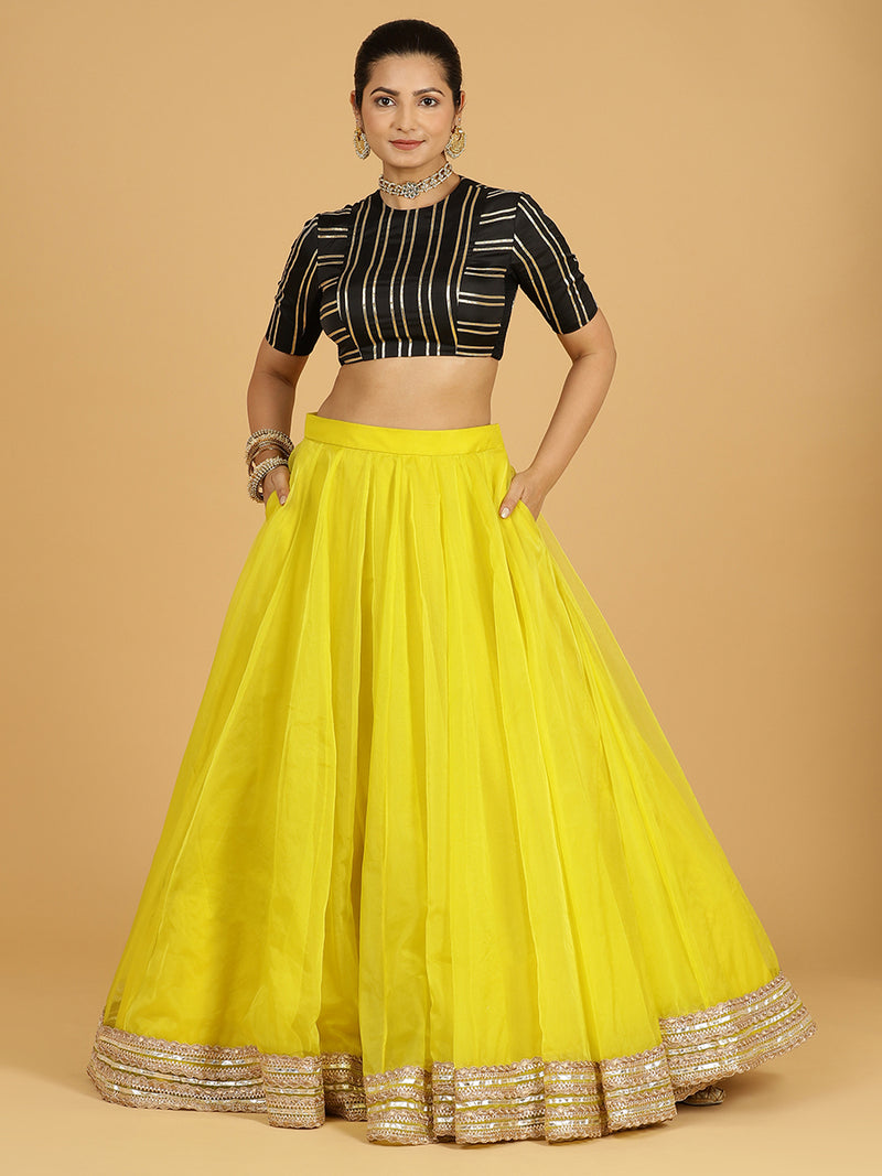 Farah x Tyohaar | Lemon Yellow Panelled Organza Lehenga Skirt-Binks