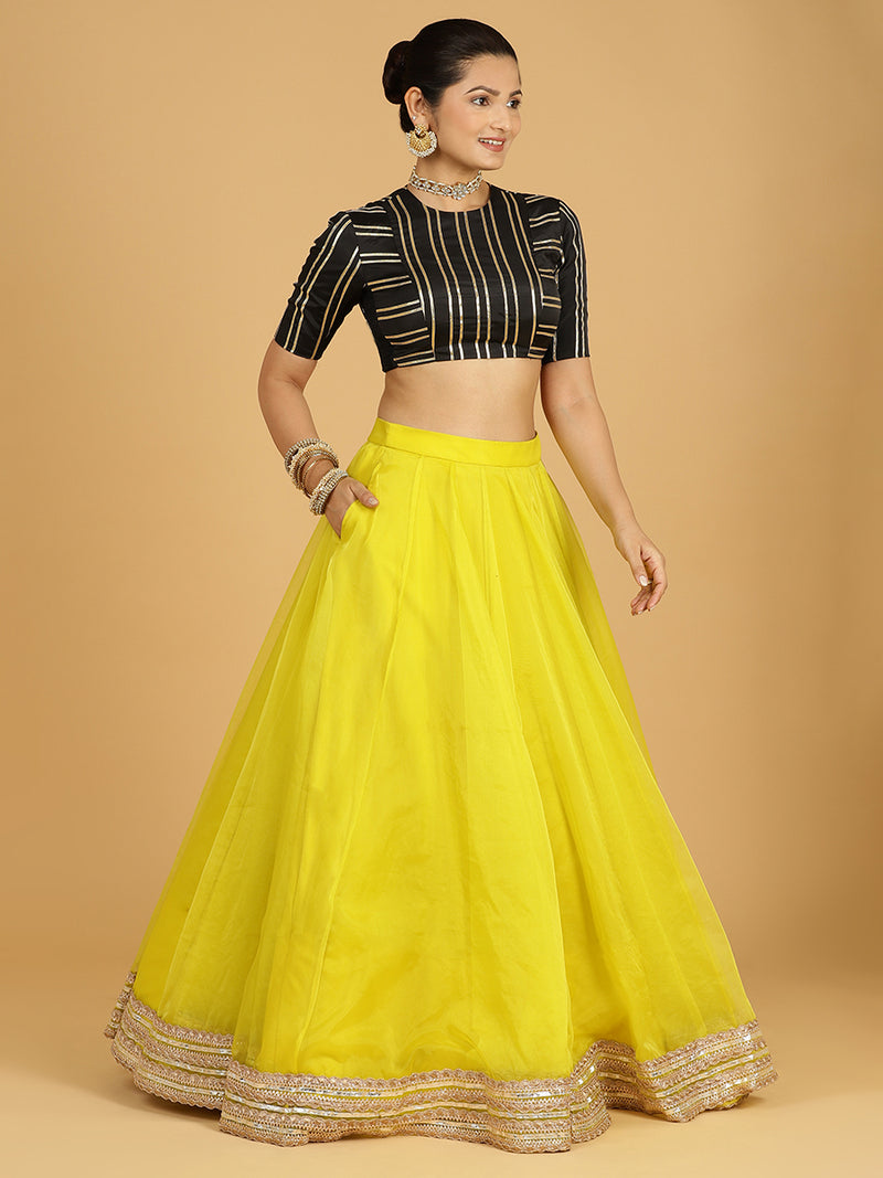 Farah x Tyohaar | Lemon Yellow Panelled Organza Lehenga Skirt-Binks