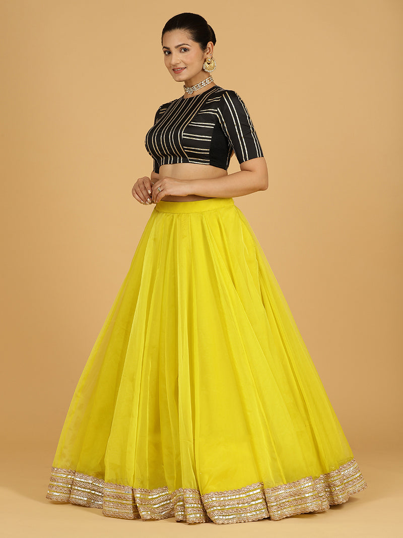 Farah x Tyohaar | Lemon Yellow Panelled Organza Lehenga Skirt-Binks
