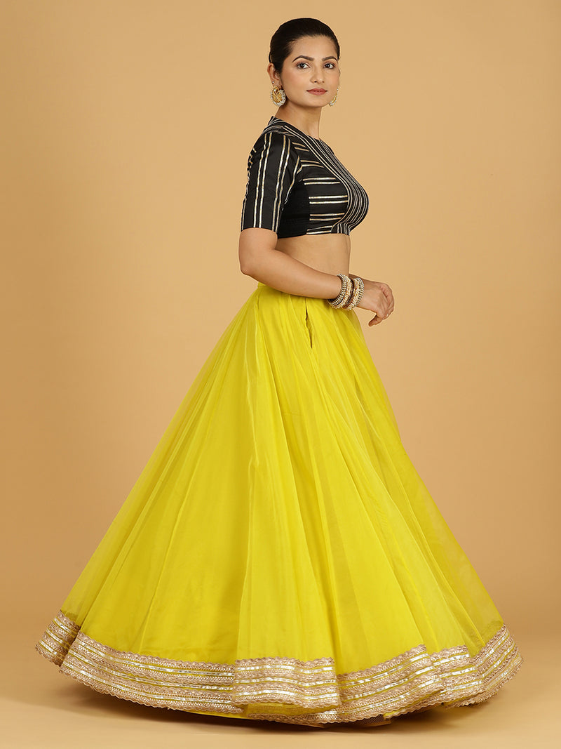Farah x Tyohaar | Lemon Yellow Panelled Organza Lehenga Skirt-Binks