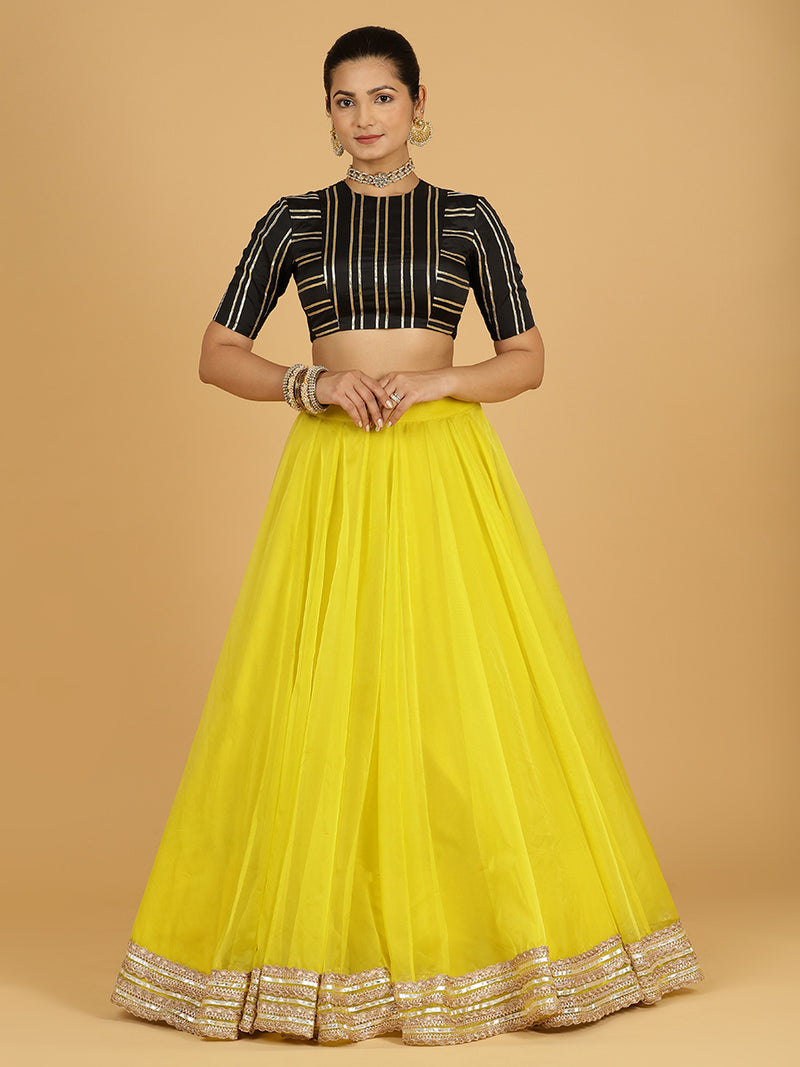 Farah x Tyohaar | Lemon Yellow Panelled Organza Lehenga Skirt-Binks