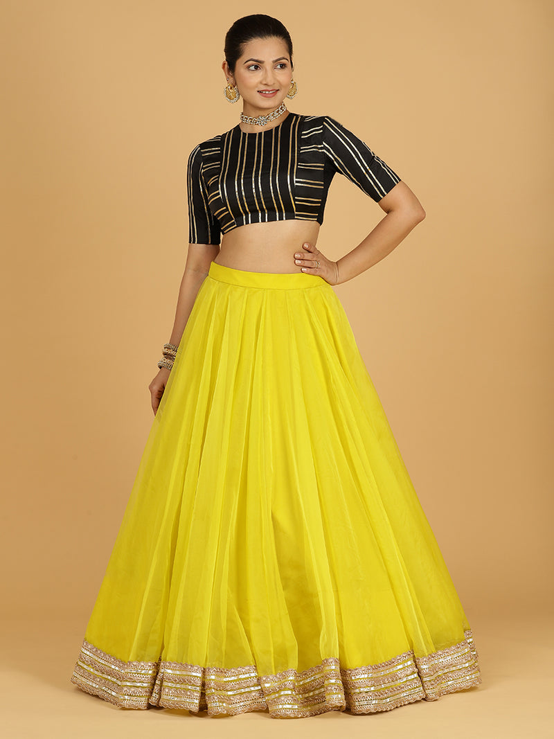 Farah x Tyohaar | Lemon Yellow Panelled Organza Lehenga Skirt-Binks