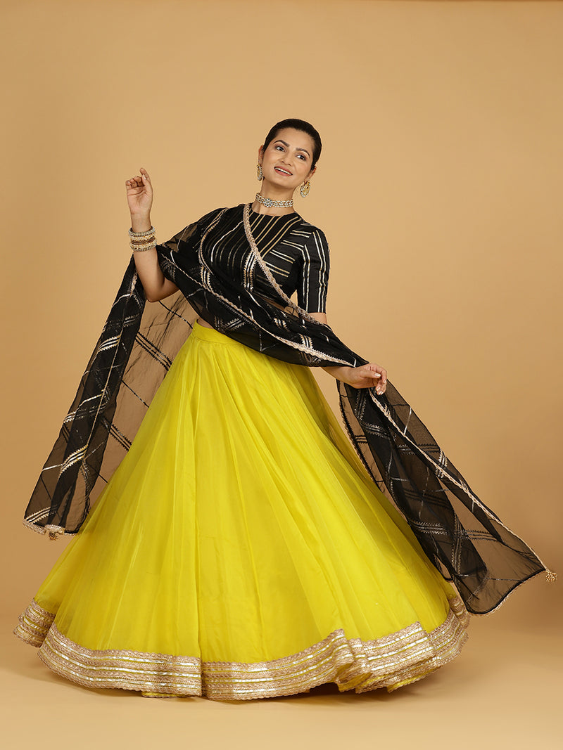 Farah x Tyohaar | Lemon Yellow Panelled Organza Lehenga Skirt-Binks