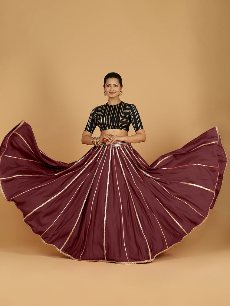 Madhuri x Tyohaar Lehenga Skirt, in Maroon 80% Viscose 20% Polyester, made for party & festive.