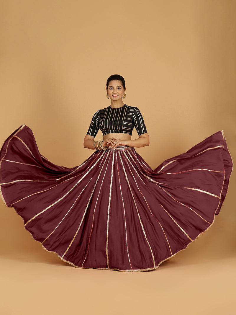 Madhuri x Tyohaar | Deep Maroon Panelled Lehenga Skirt-Binks