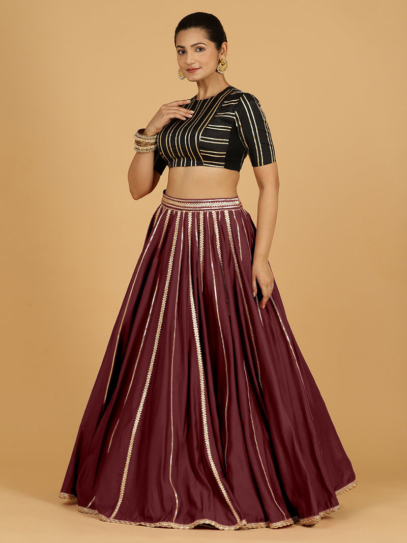 Madhuri x Tyohaar | Deep Maroon Panelled Lehenga Skirt-Binks