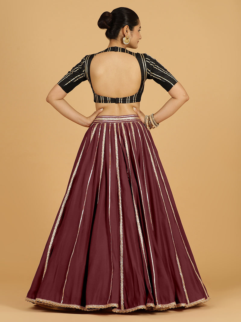 Madhuri x Tyohaar | Deep Maroon Panelled Lehenga Skirt-Binks