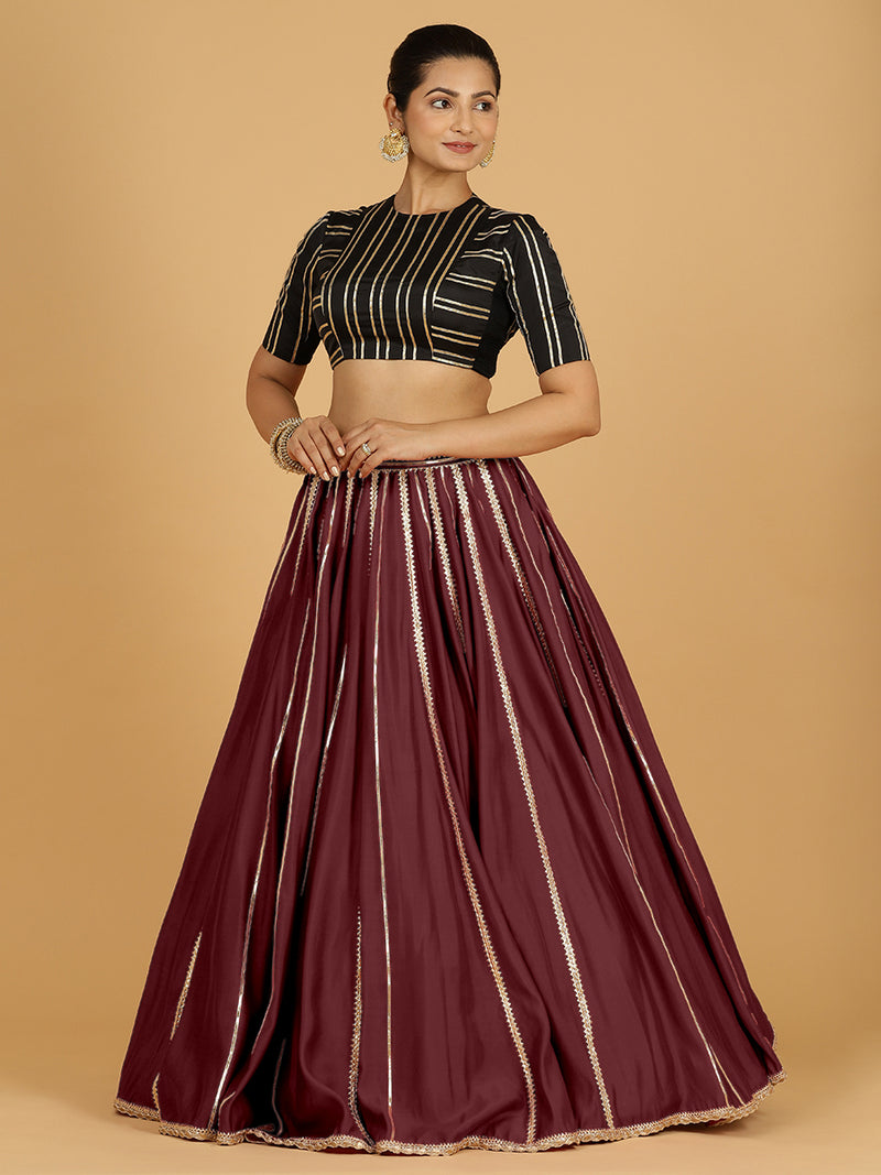 Madhuri x Tyohaar | Deep Maroon Panelled Lehenga Skirt-Binks