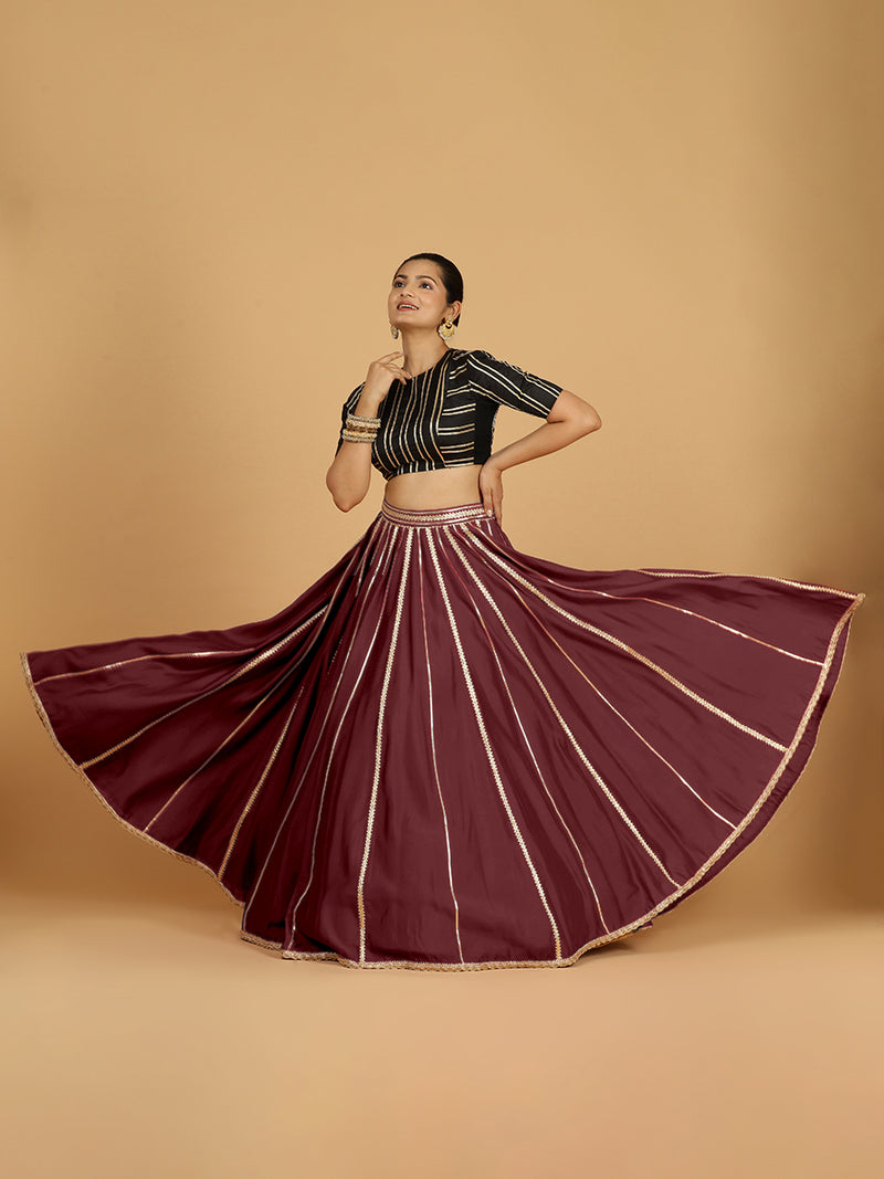 Madhuri x Tyohaar | Deep Maroon Panelled Lehenga Skirt-Binks