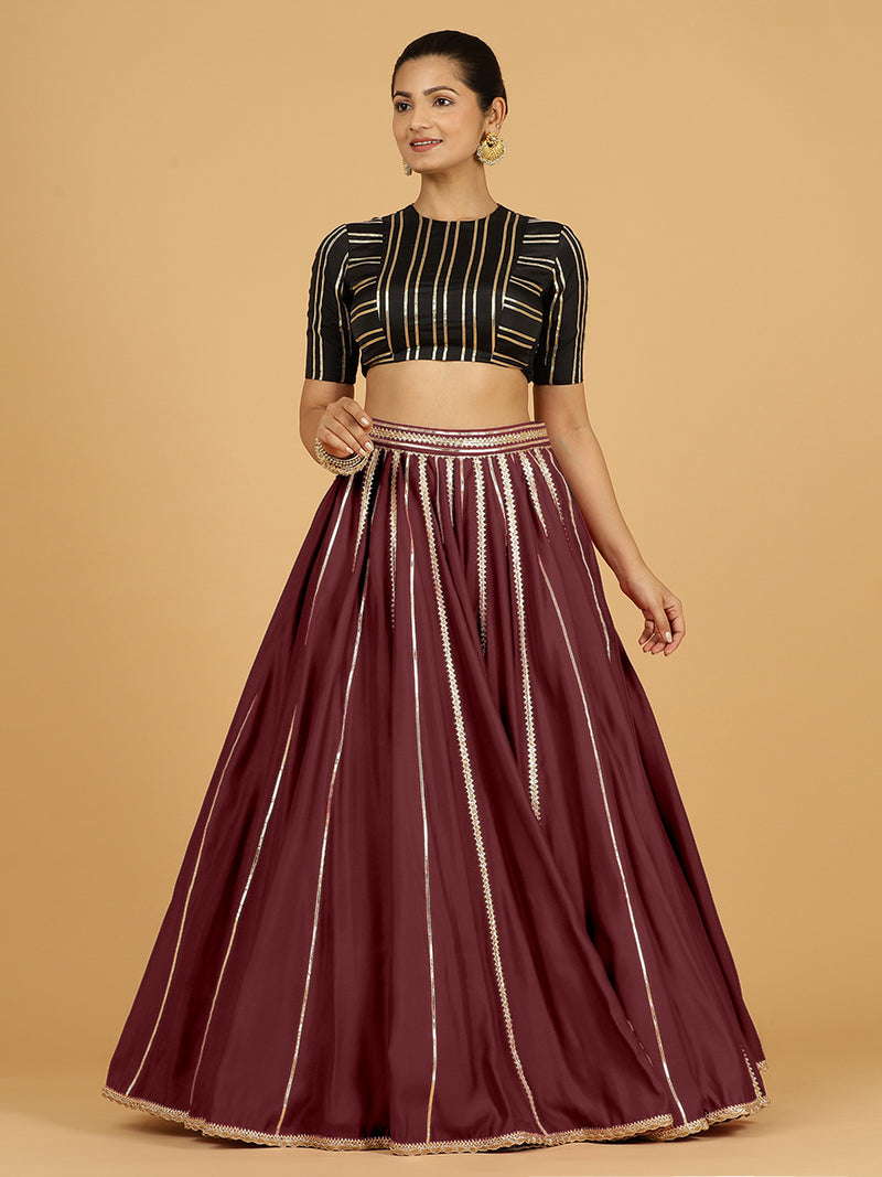 Madhuri x Tyohaar | Deep Maroon Panelled Lehenga Skirt-Binks