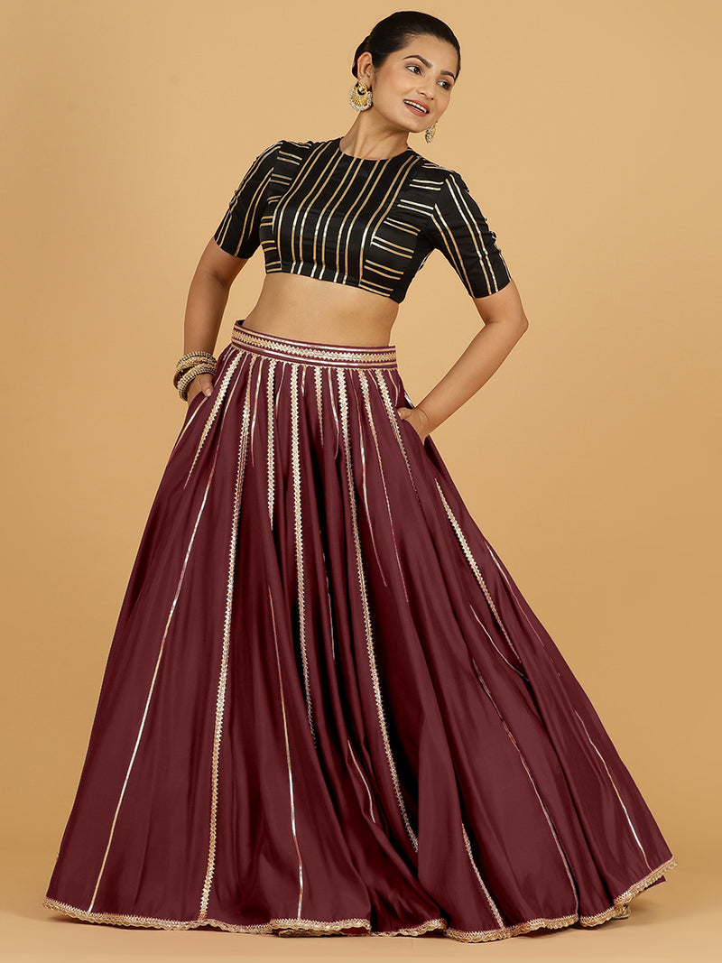 Madhuri x Tyohaar | Deep Maroon Panelled Lehenga Skirt-Binks