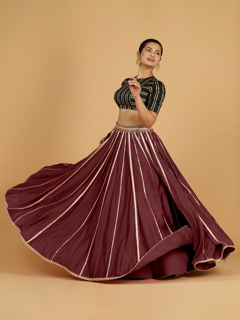 Madhuri x Tyohaar | Deep Maroon Panelled Lehenga Skirt-Binks
