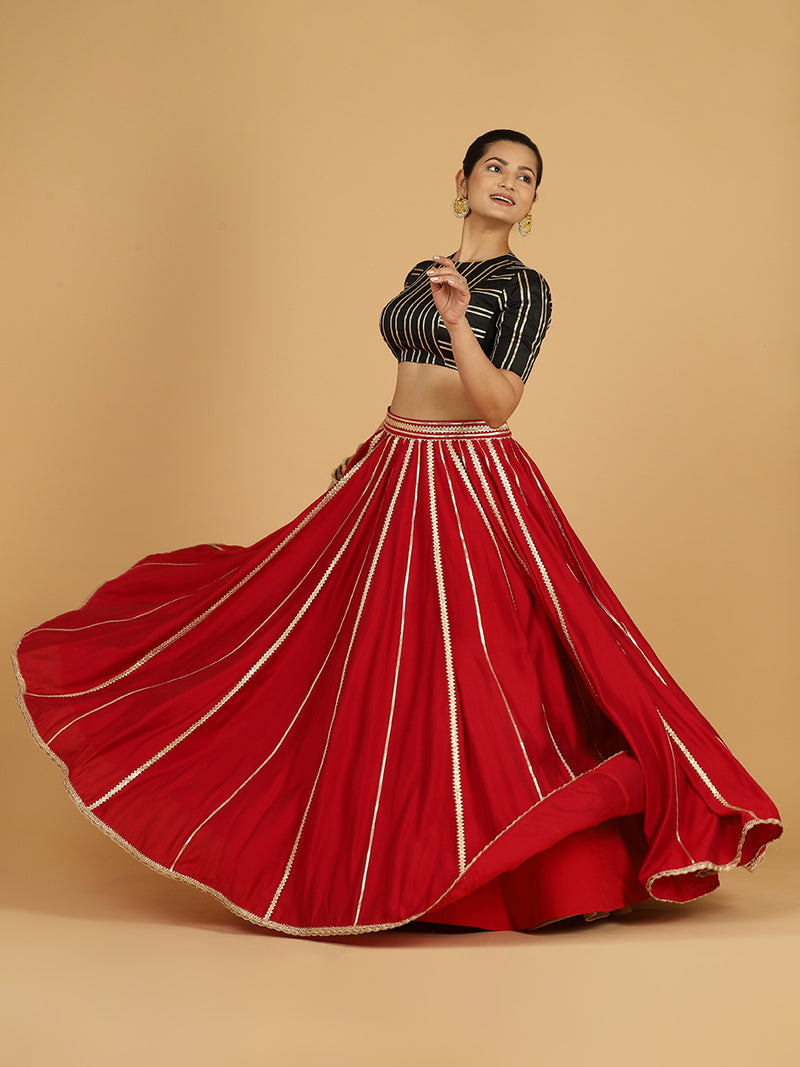 Madhuri x Tyohaar | Scarlet Red Panelled Lehenga Skirt-Binks
