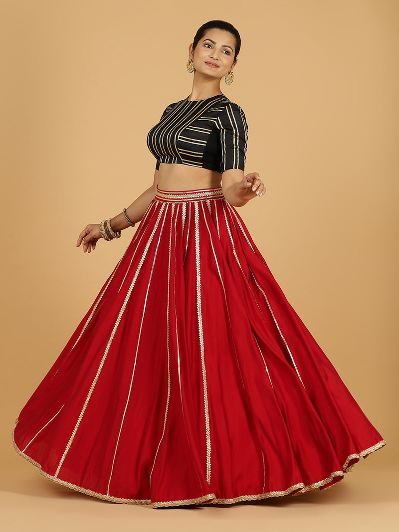 Madhuri x Tyohaar | Scarlet Red Panelled Lehenga Skirt-Binks
