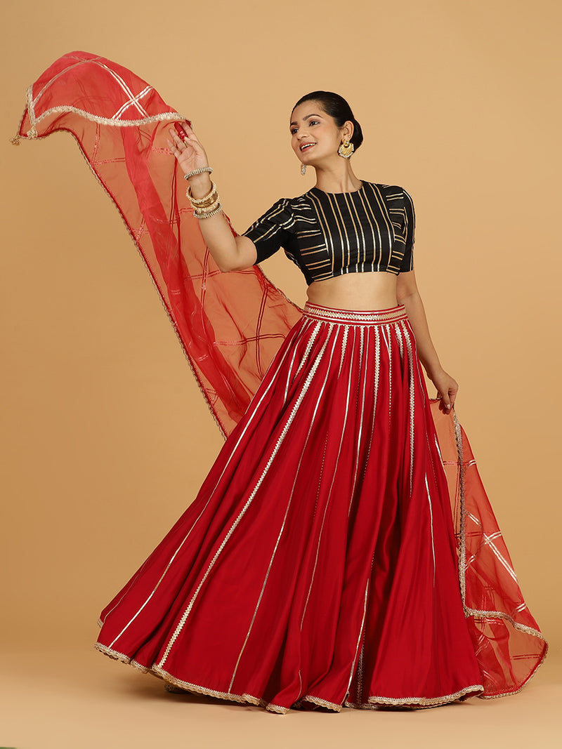 Madhuri x Tyohaar | Scarlet Red Panelled Lehenga Skirt-Binks