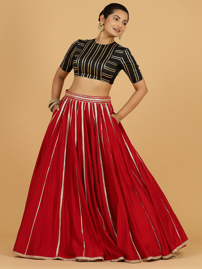 Madhuri x Tyohaar | Scarlet Red Panelled Lehenga Skirt-Binks