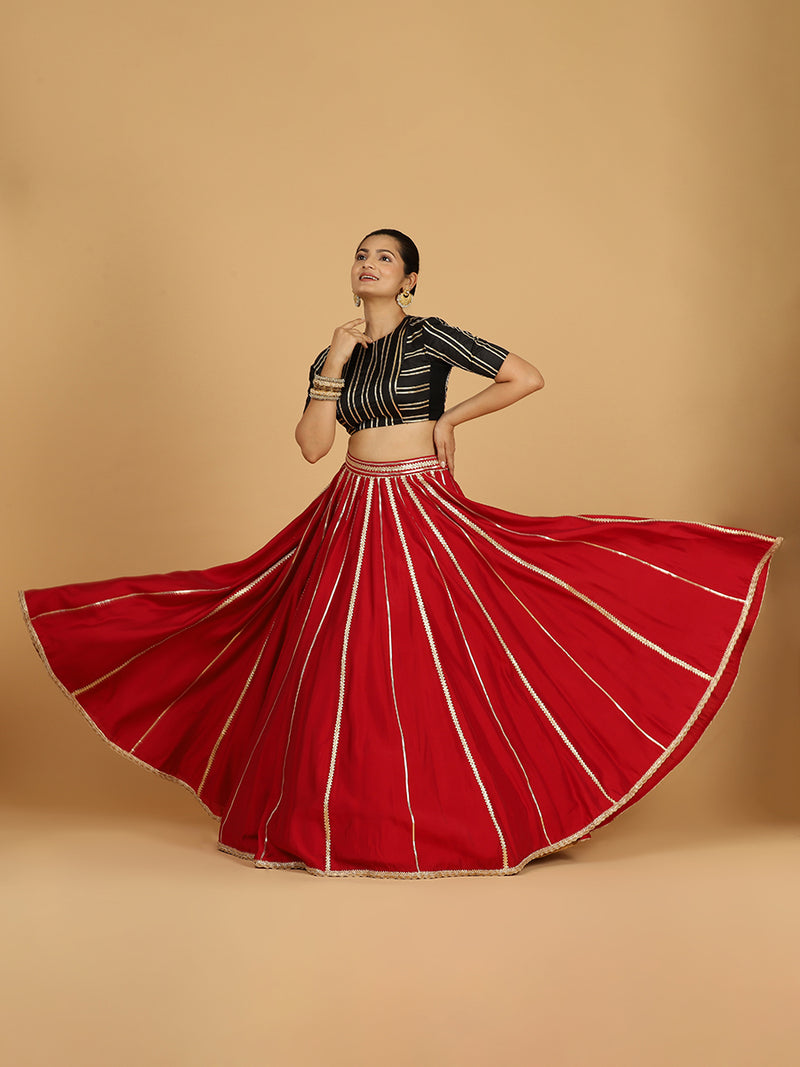 Madhuri x Tyohaar | Scarlet Red Panelled Lehenga Skirt-Binks