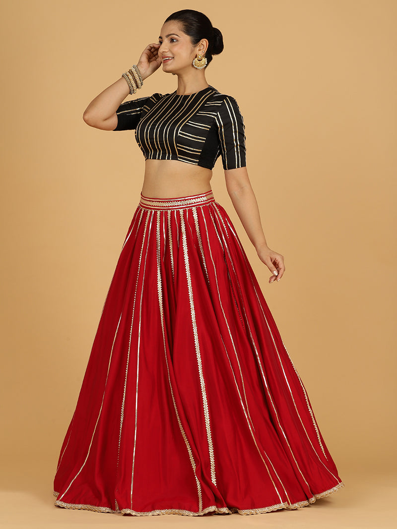 Madhuri x Tyohaar | Scarlet Red Panelled Lehenga Skirt-Binks