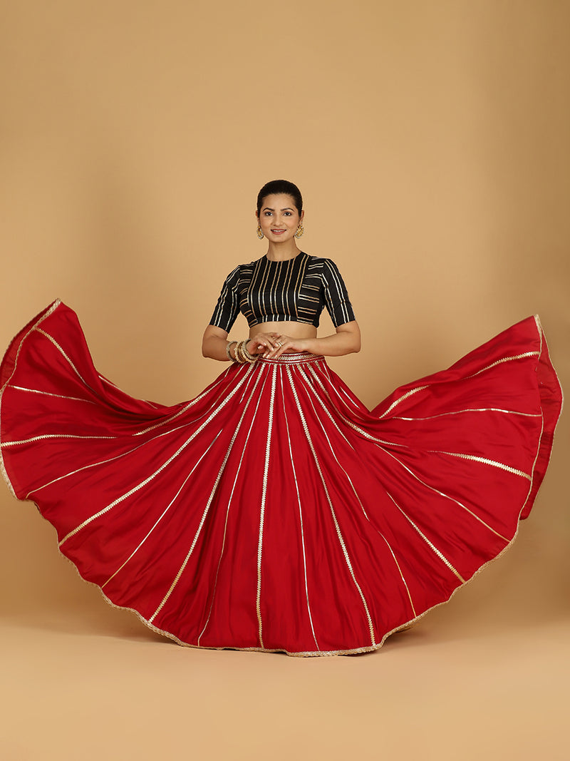 Madhuri x Tyohaar | Scarlet Red Panelled Lehenga Skirt-Binks