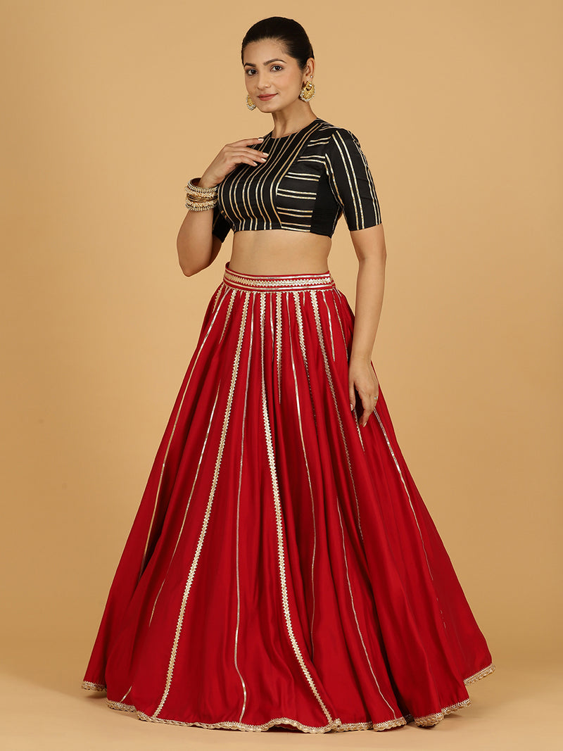 Madhuri x Tyohaar | Scarlet Red Panelled Lehenga Skirt-Binks