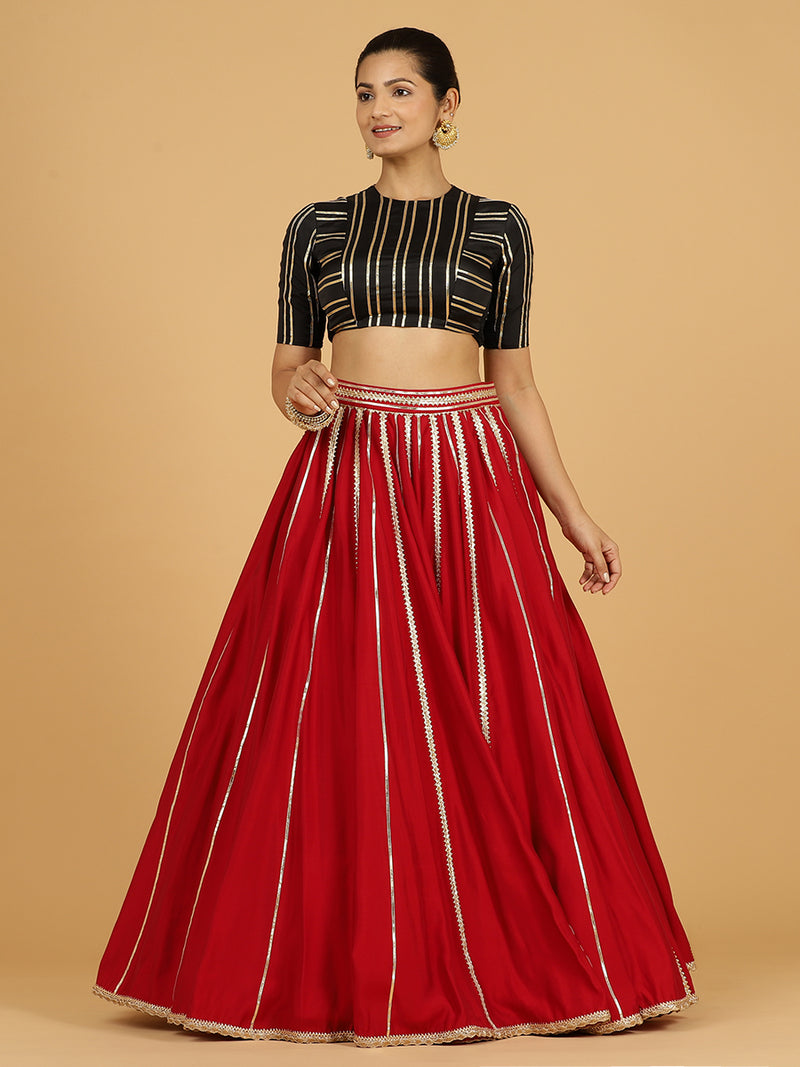 Madhuri x Tyohaar | Scarlet Red Panelled Lehenga Skirt-Binks