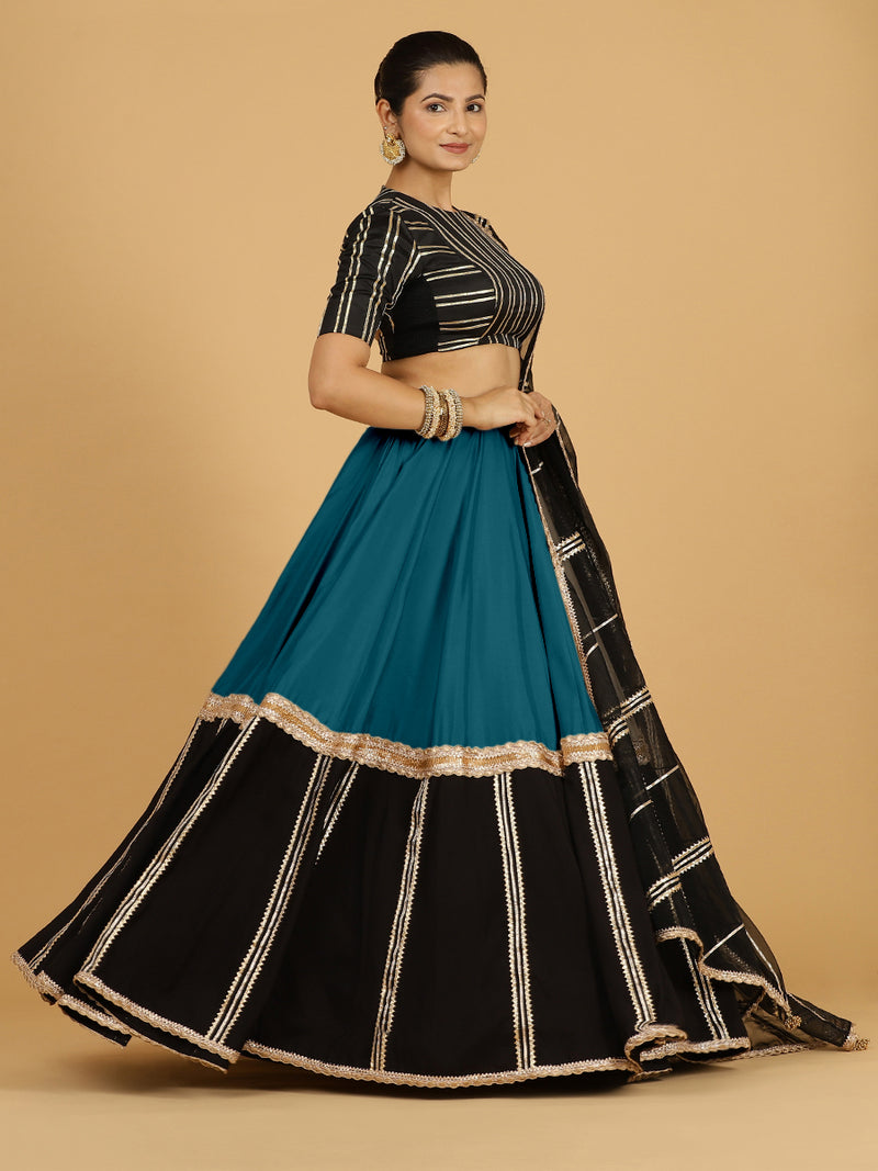 Mastani x Tyohaar | Crystal Teal Panelled Lehenga Skirt-Binks