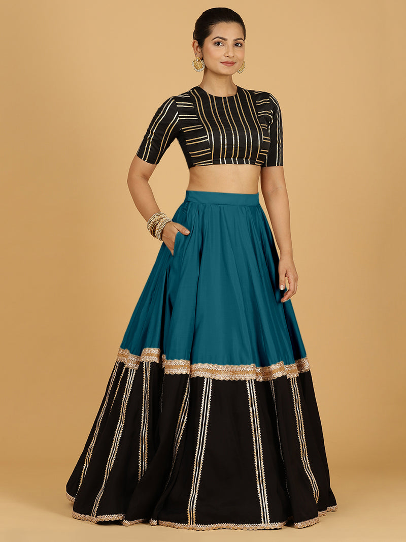 Mastani x Tyohaar | Crystal Teal Panelled Lehenga Skirt-Binks
