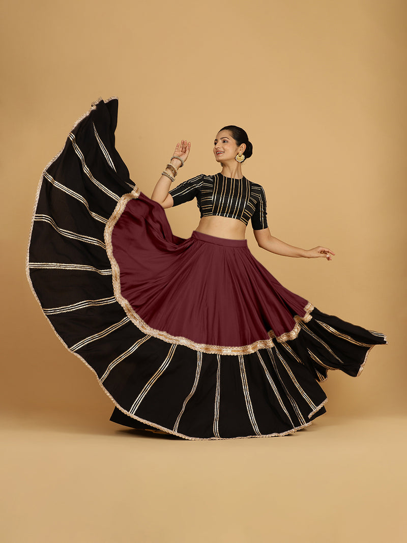 Mastani x Tyohaar | Deep Maroon Panelled Lehenga Skirt-Binks