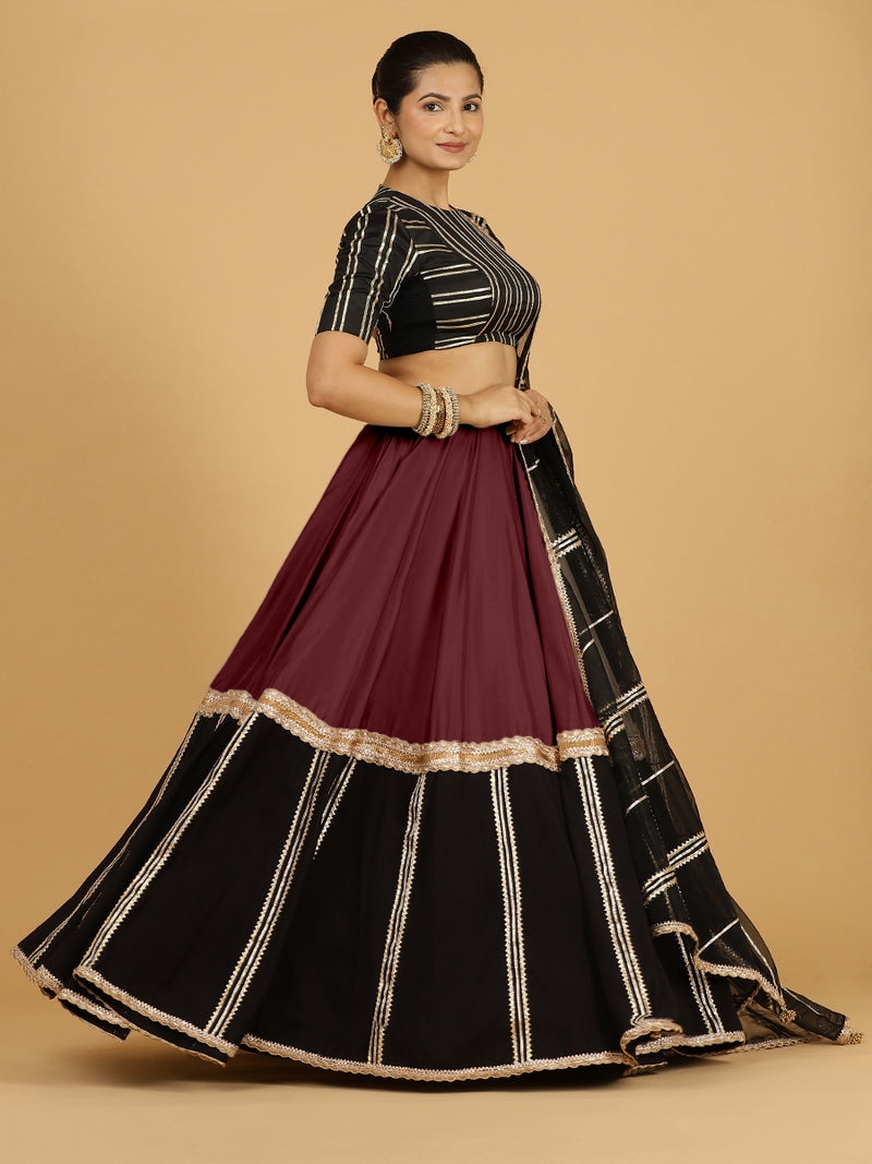 Mastani x Tyohaar | Deep Maroon Panelled Lehenga Skirt-Binks
